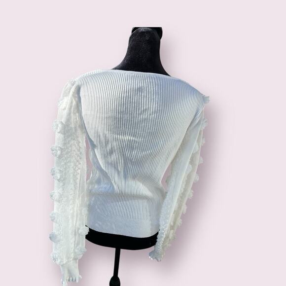 White sweater with sheer tufted sleeves.  Women's size 7-9 - Picture 7 of 9